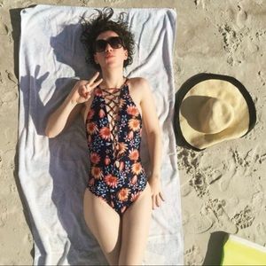 Floral Lace up One Piece Swim Suit